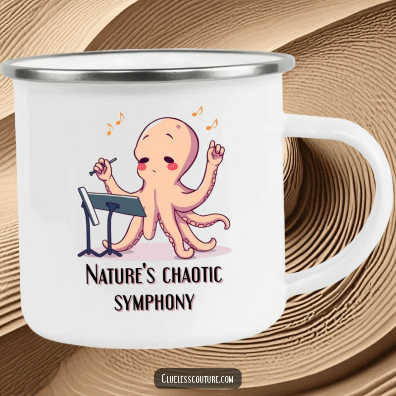 Funny enamel camping mug featuring a confused octopus conducting an orchestra, a humorous addition to outdoor adventures.