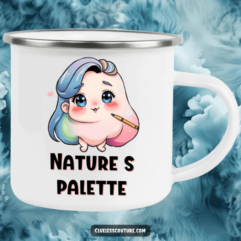 Funny camping mug with a playful blob of paint comically attempting to paint its own self-portrait, outdoor art humor.