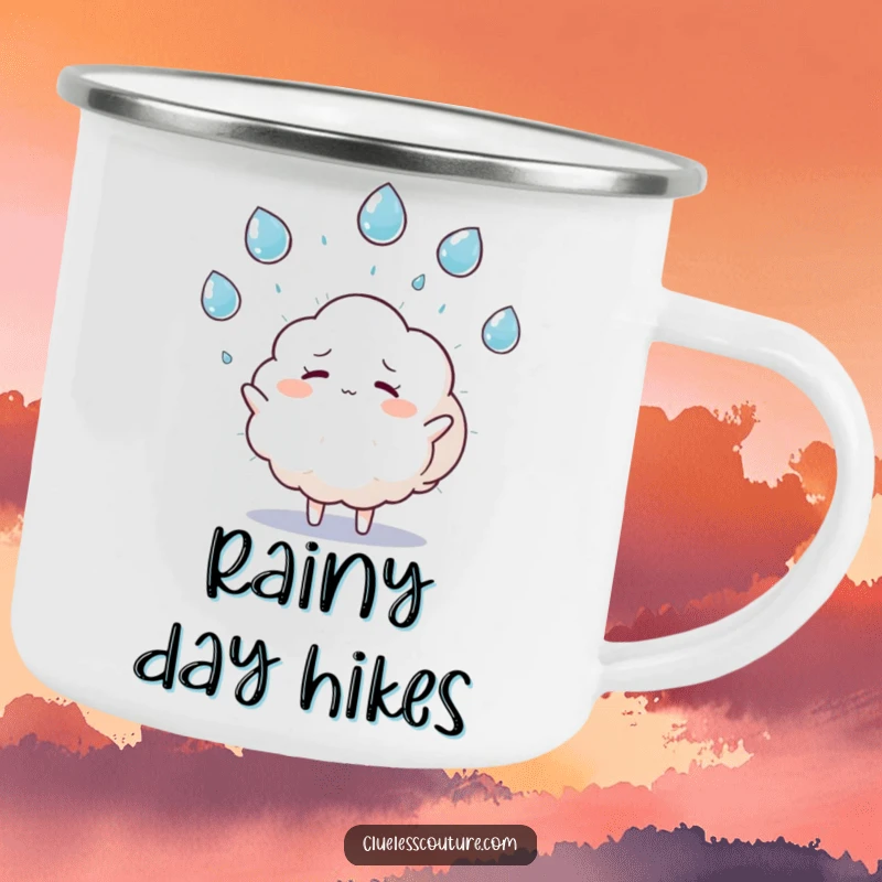 Funny camping mug featuring a fluffy cloud character humorously juggling raindrops and looking overwhelmed, perfect for outdoor fun.