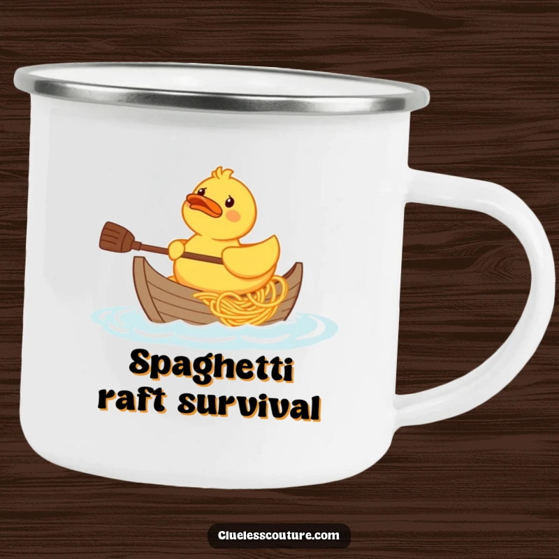 Funny confused rubber duck character trying to paddle a boat made of spaghetti, on a sturdy camping mug.