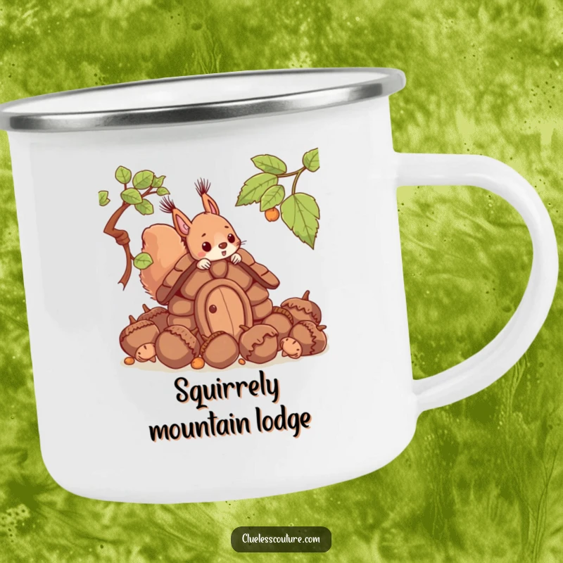 Funny camping mug featuring a squirrel humorously building a house from oversized acorns, ideal for outdoor enthusiasts who love a good laugh.