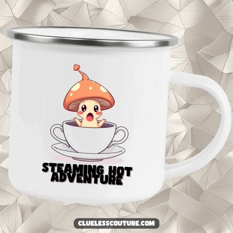 Funny enamel camping mug with a surprised mushroom leaping from a teacup, leaving a steam trail, for outdoor whimsy.