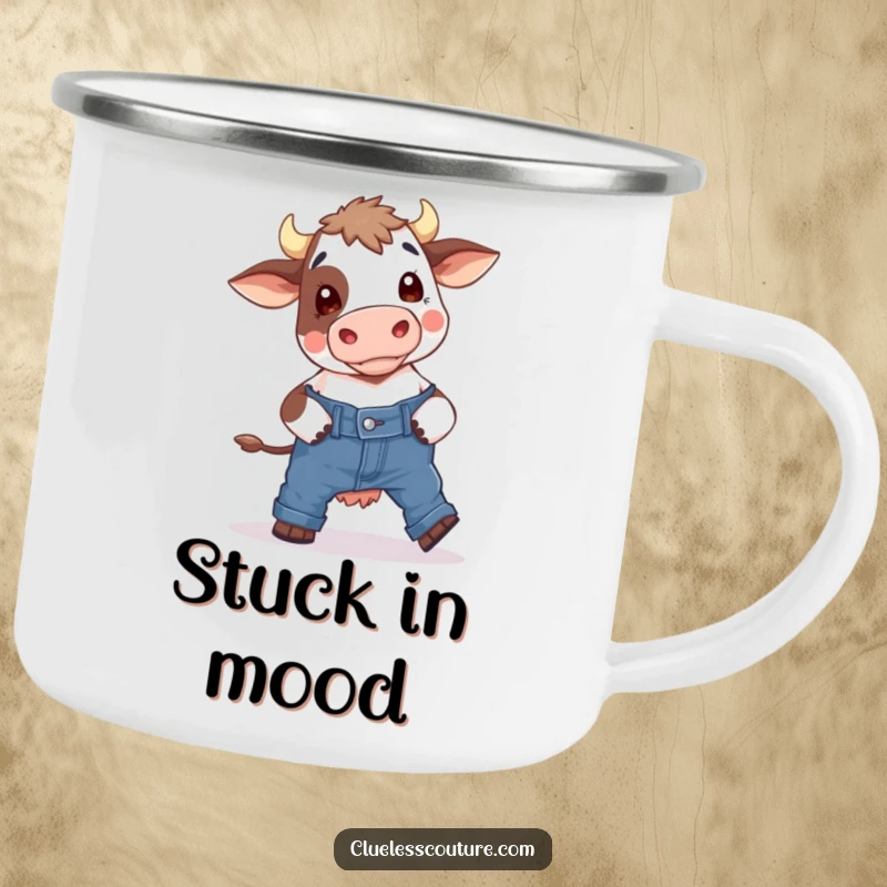 Funny camping mug with a bewildered cow comically trying to wear skinny jeans, a durable and humorous drinkware item for outdoor adventures.