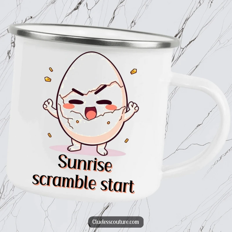 Funny camping mug showing a determined egg character struggling to crack itself open, perfect for breakfast outdoors.