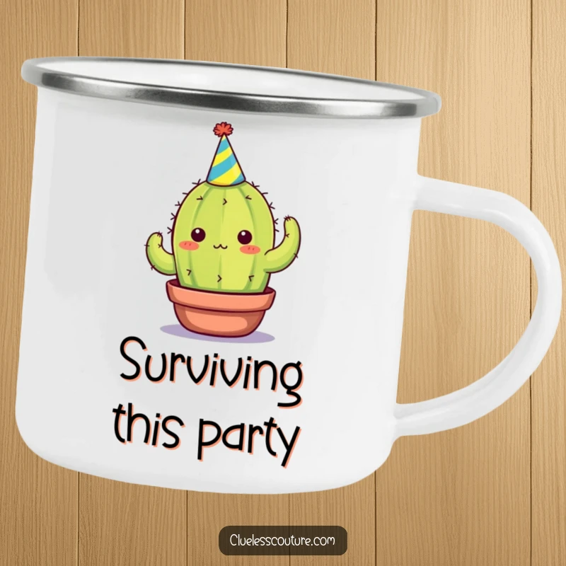 Funny camping mug featuring an overwhelmed cactus in a party hat, perfect for outdoor enthusiasts who feel social pressure, a funny gift.