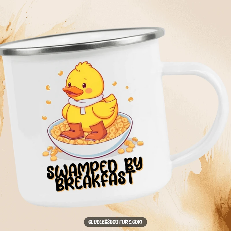 Funny rubber duck in oversized boots wading through a giant bowl of cereal, a rugged camping mug.