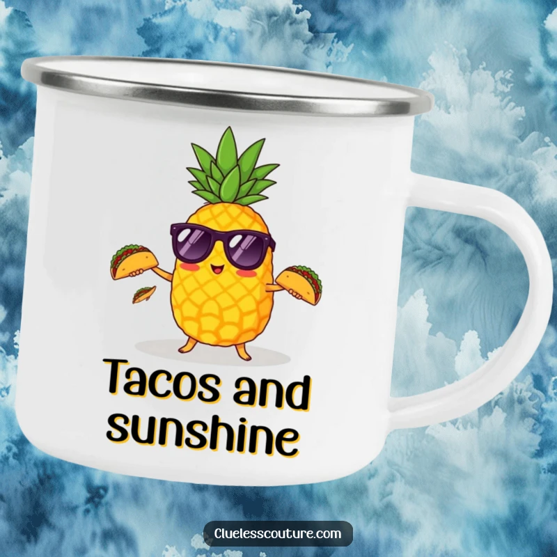 Funny pineapple wearing sunglasses juggling three tiny tacos on a rugged camping mug for adventures.