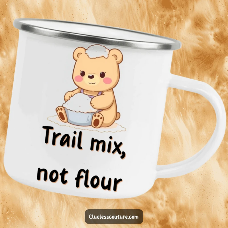 Funny enamel camping mug with a flour-covered bear, a comical illustration for outdoor coffee or tea.