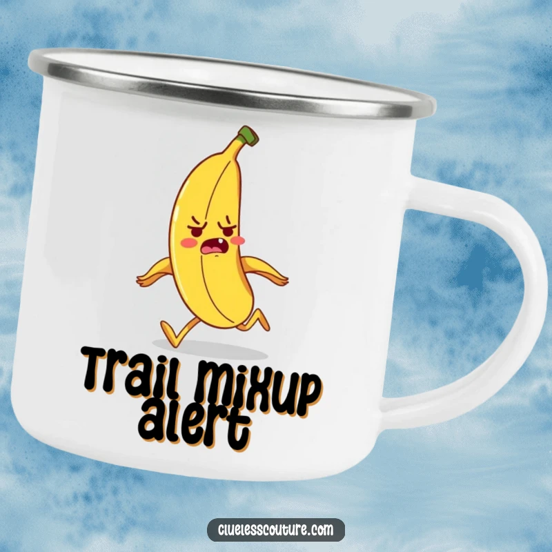 Funny banana character tripping over its peel while running, a durable and humorous camping mug.