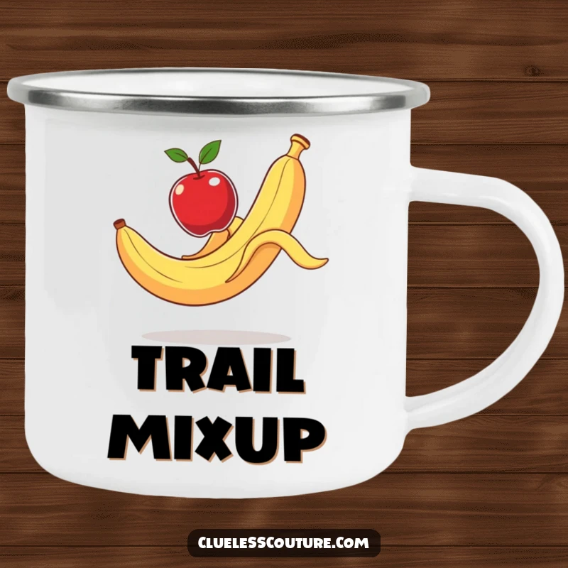 Funny Camping Mug: A banana peel slips, launching an apple, perfect for outdoor humor and drinks.