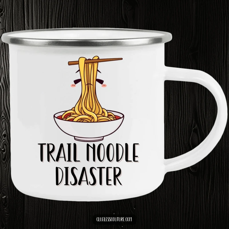 Funny camping mug featuring confused chopsticks in a spaghetti-eating struggle, ideal for outdoor adventures and humorous sipping.