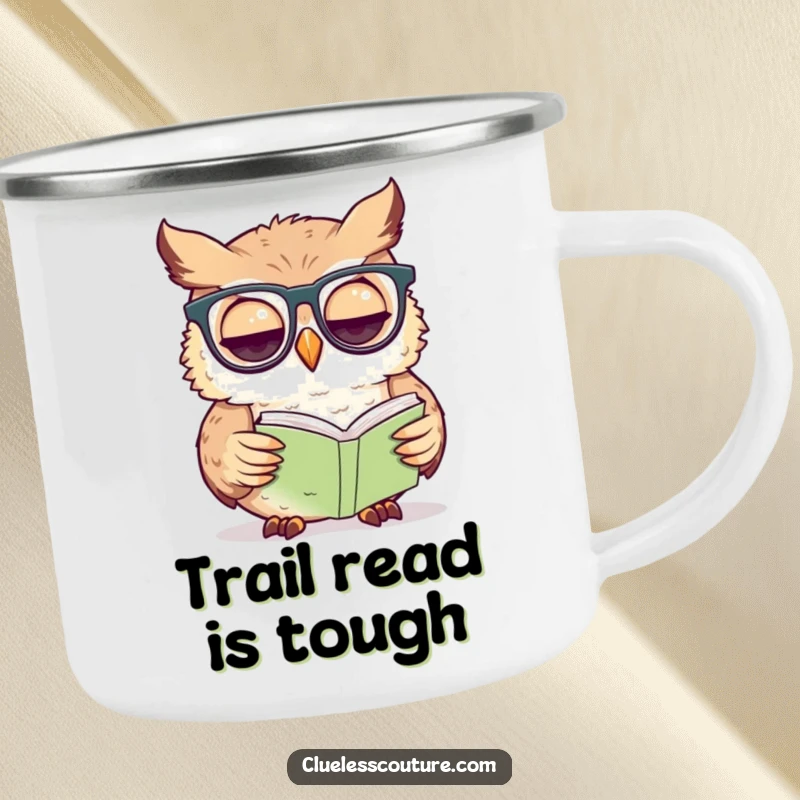 Funny owl camping mug showing a confused owl wearing glasses, attempting to read a miniature book in an outdoor setting.