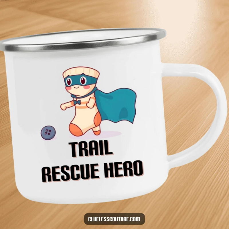 Funny camping mug with a brave sock wearing a cape rescuing a lost button, perfect for outdoor enthusiasts.