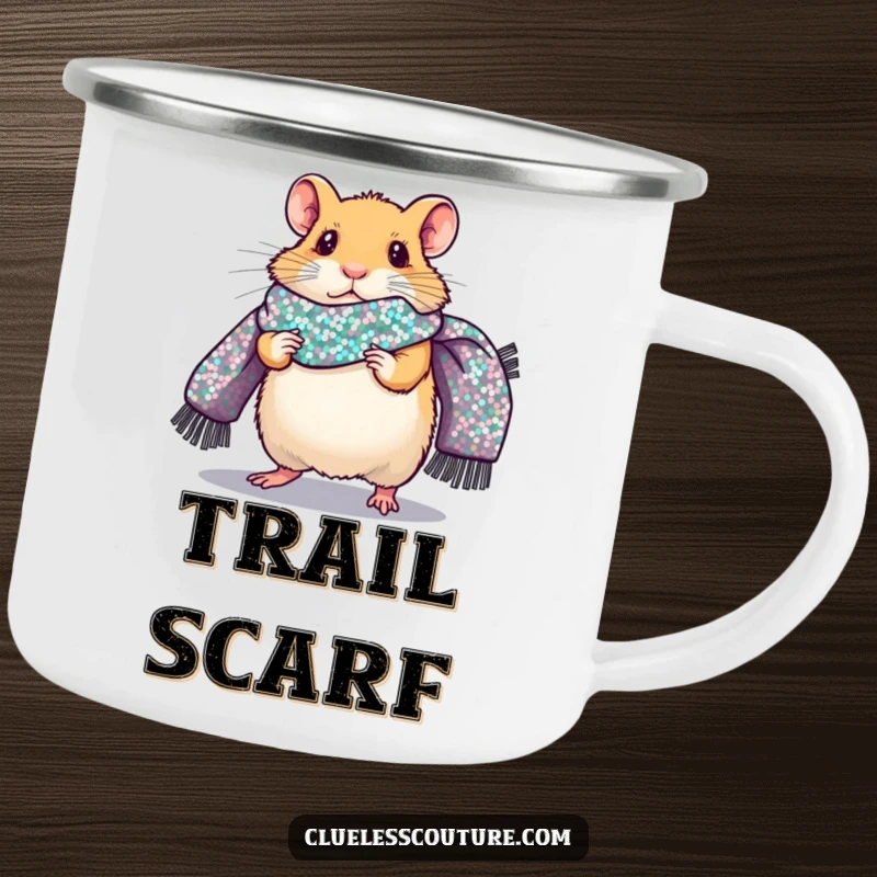 Funny camping mug featuring a nervous hamster confidently walking a fashion runway, accessorized with a giant sequined scarf, durable and humorous drinkware.