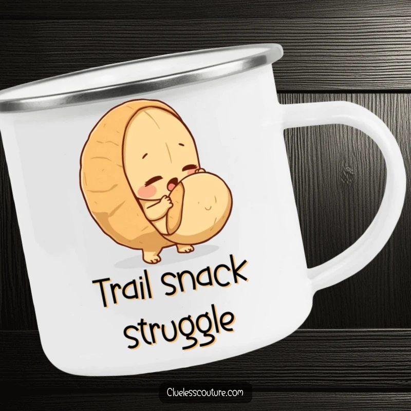 Funny camping mug showing a determined peanut attempting to crack a surprisingly large nut.