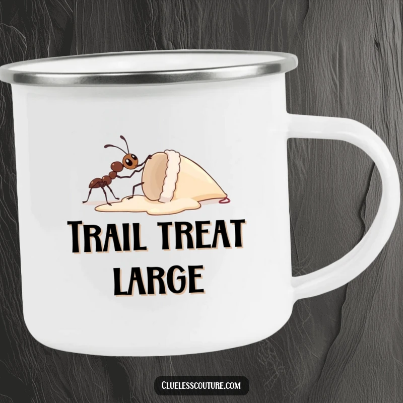 Funny camping mug featuring a determined ant lifting a giant ice cream cone, a humorous symbol of tackling challenges on the go.