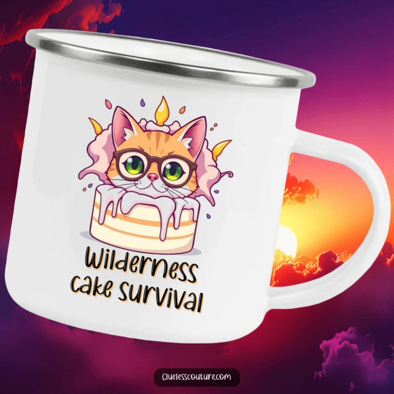 Funny bewildered cat wearing oversized spectacles peeking from behind a giant, exploding cake, ready for outdoor laughs on this durable camping mug.