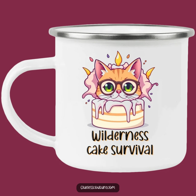 Funny Bewildered Cat Camping Mug, Outdoor Cake Chaos, Adventure-Ready Humor