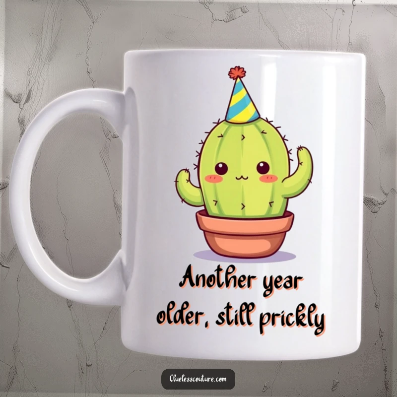 Funny mug featuring an overwhelmed cactus wearing a tiny party hat, symbolizing social anxiety and party fatigue, a perfect funny gift.