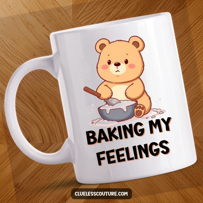 Funny mug featuring a bear completely covered in flour, attempting to bake, with a comical expression of exasperation and joy.