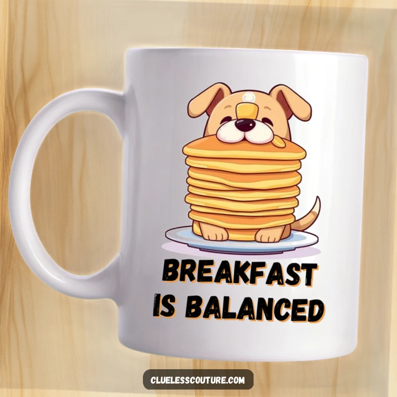 Funny mug featuring a dog with an intense focus, attempting to balance a tall stack of pancakes on its nose.
