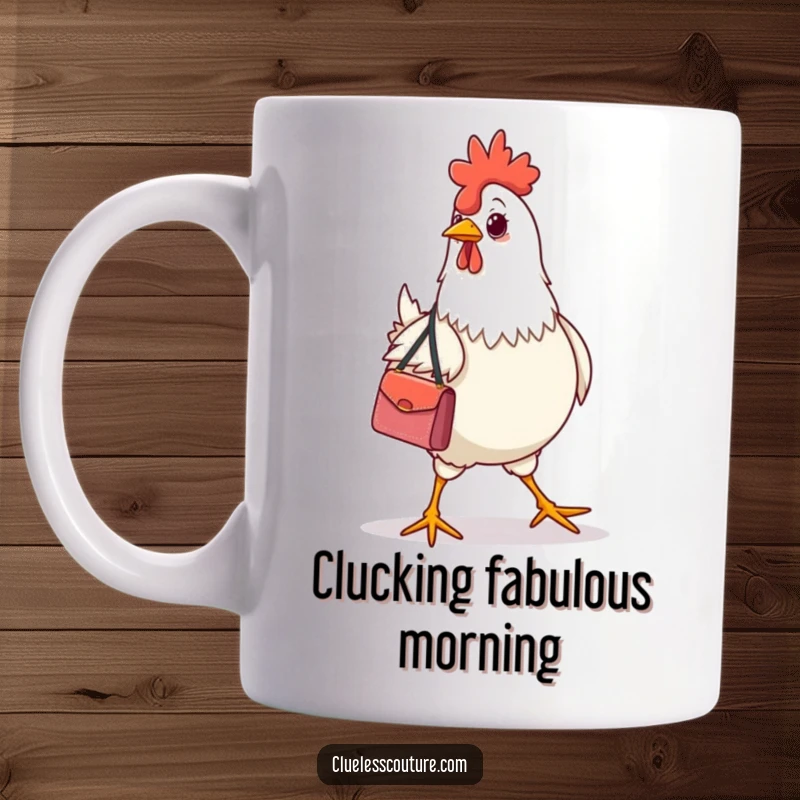Funny chicken wearing a tiny designer handbag, strutting confidently on a mug, fashionista poultry art.