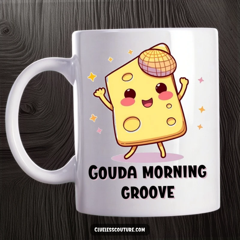 Funny mug featuring a slice of cheese enthusiastically dancing under its own miniature disco ball.