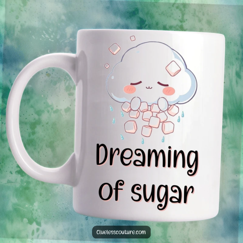 Funny mug portraying a sleepy anthropomorphic cloud character accidentally showering fluffy marshmallows instead of traditional rain.
