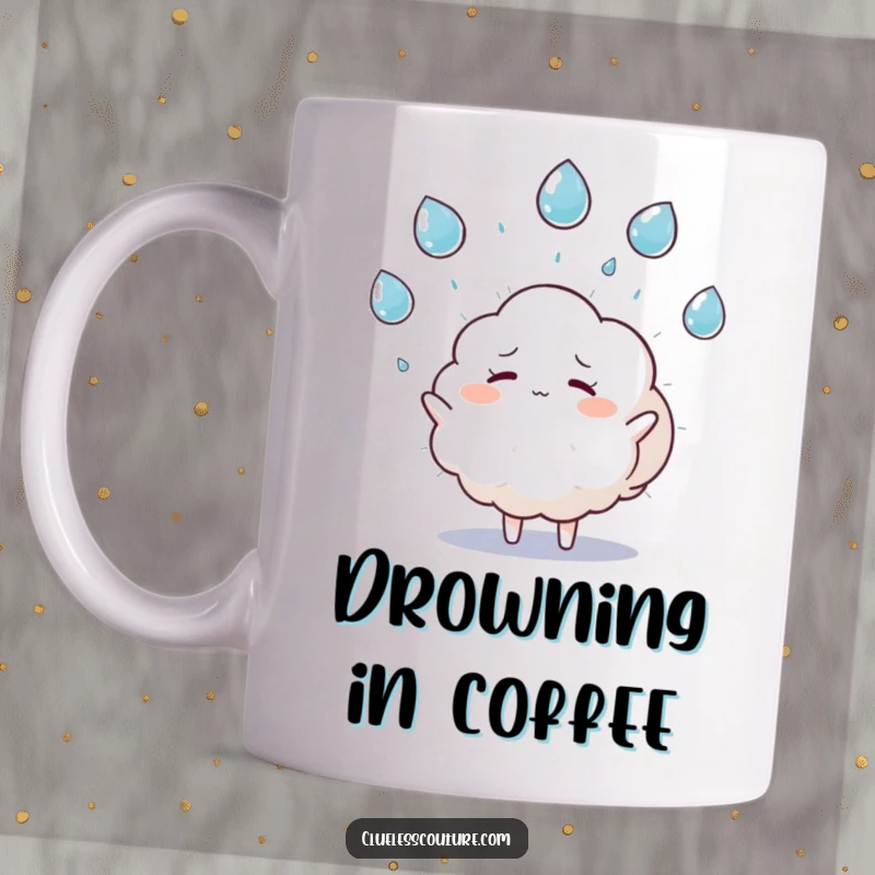Funny mug featuring a fluffy cloud character comically juggling raindrops and looking overwhelmed, a perfect gift for weather lovers.