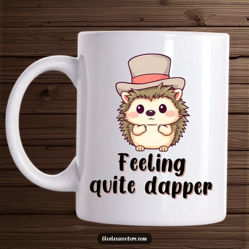 Funny mug showing a shy hedgehog struggling comically to wear a ridiculously large, elegant top hat.