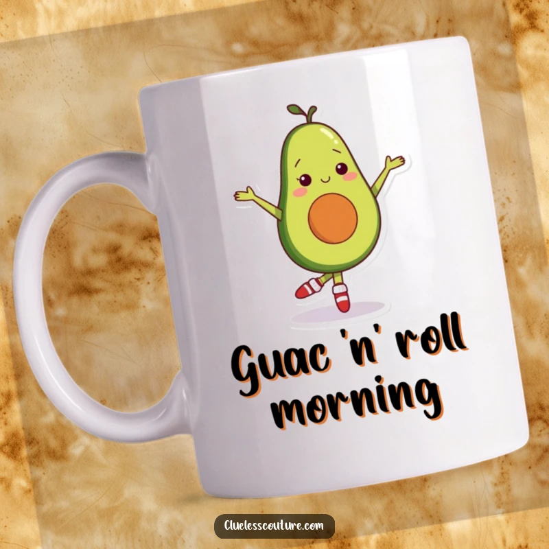 Funny avocado character wearing mismatched socks, trying to do a ballet pose, on a mug, celebrating shy dancers.