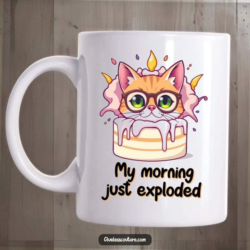 Funny bewildered cat wearing oversized spectacles peeking from behind a giant, exploding cake, showcasing feline confusion and humor on this mug.