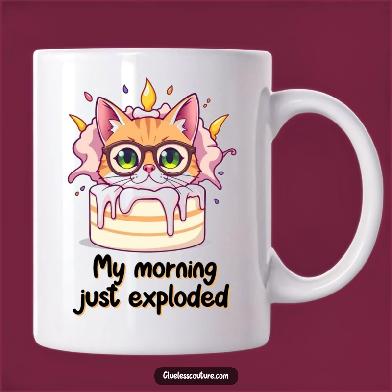 Funny Bewildered Cat Mug, Exploding Cake Chaos, Hilarious Pet Lover Gift Idea