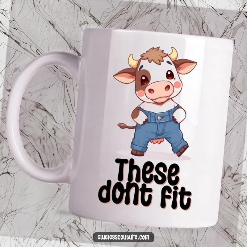 Funny cow mug showing a bewildered farm animal hilariously attempting to wear tight skinny jeans, expressing frustration and humor.