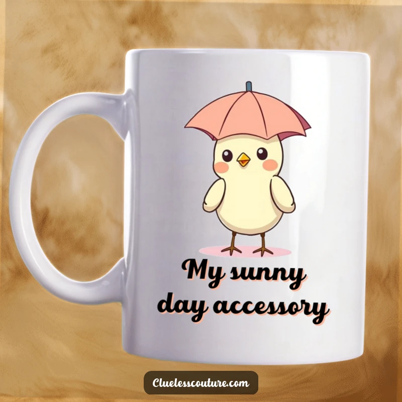 Funny bird wearing a tiny umbrella as a hat in the sun, looking cute and confused, perfect for a sunny day.