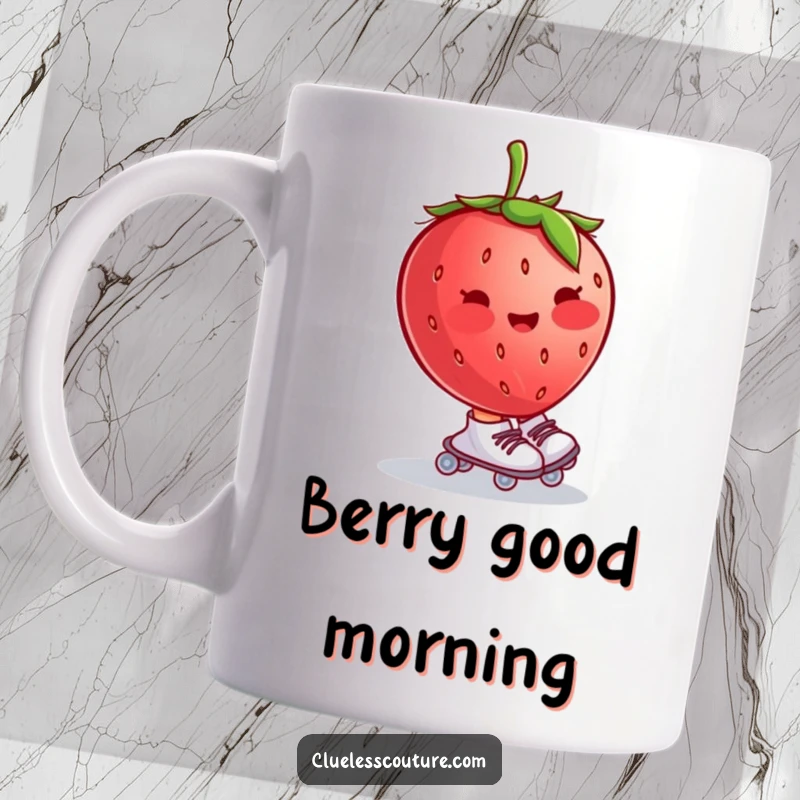 Funny mug featuring a blushing strawberry wearing tiny roller skates and wobbling uncontrollably, symbolizing playful clumsiness and fruity fun.
