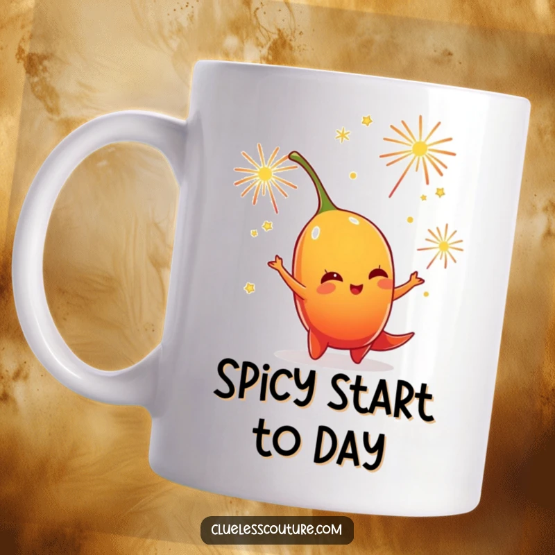 Funny mug showing a playful chili pepper character expertly juggling small, sparkling fireworks with a determined expression.