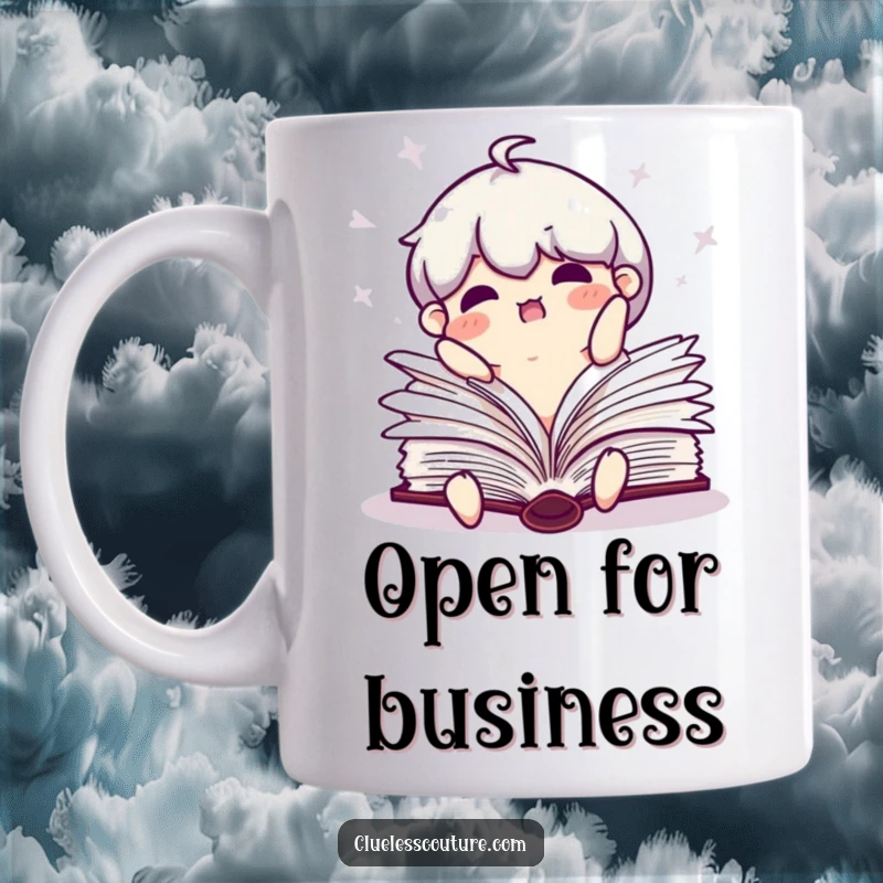 Funny mug depicting a clumsy book character falling open with pages flailing wildly.