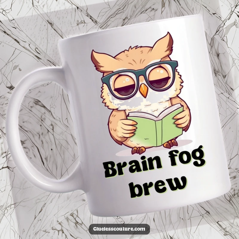 Funny owl mug showing a confused owl wearing glasses peering at a comically small book, symbolizing intellectual struggles.