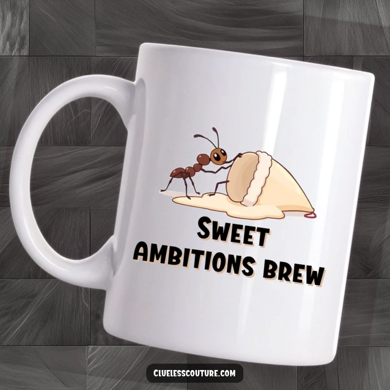 Funny mug featuring a tiny ant struggling to lift a massive, dropped ice cream cone, showcasing immense effort and determination.