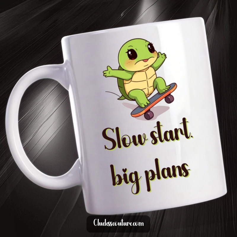 Funny mug showing a turtle comically skateboarding uphill with immense effort, a symbol of hilarious determination and perseverance.