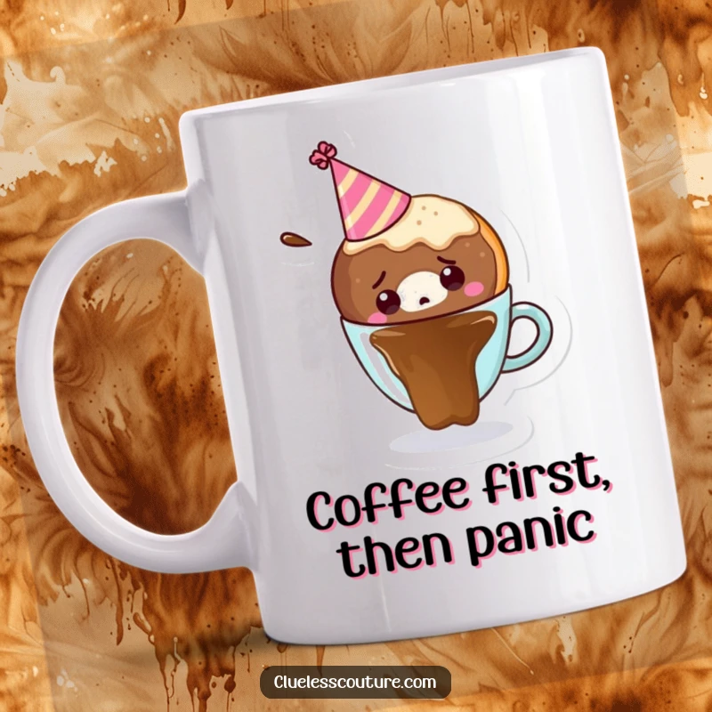 Funny donut character wearing a party hat, falling into a cup of coffee, on a mug, illustrating a sweet disaster.
