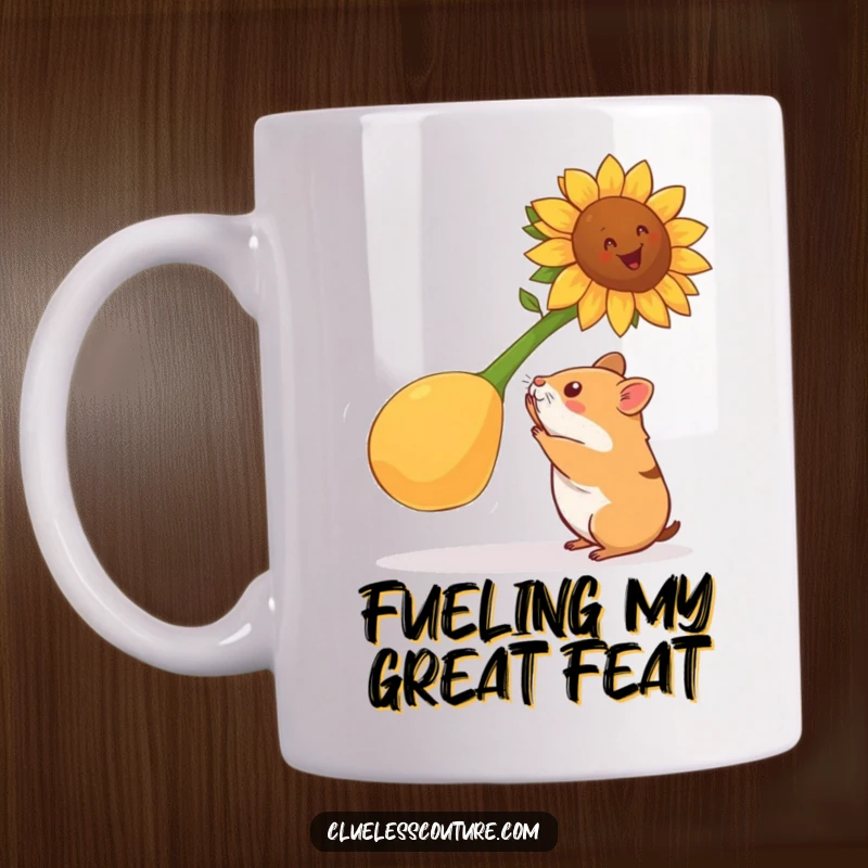 Funny hamster mug showing a tiny hamster attempting to lift a gigantic sunflower seed, representing strength, determination, and humor.