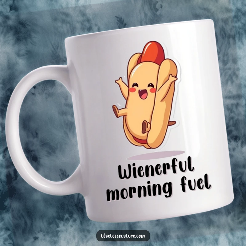 Funny hot dog mug showing a happy hot dog doing a cartwheel inside its bun, radiating pure delight.