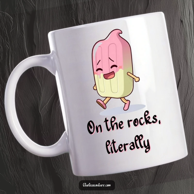 Funny mug showing a cartoon popsicle character dramatically melting while struggling to walk, conveying relatable clumsiness.