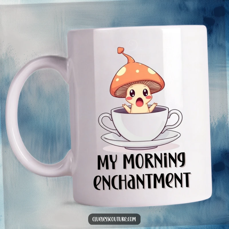 Funny mug with a surprised mushroom leaping out of a teacup, leaving a trail of steam, a magical moment.