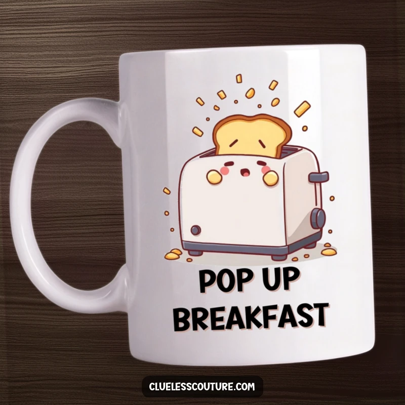 Funny mug showing a nervous piece of toast popping out of a toaster with crumbs flying, capturing a chaotic and humorous breakfast moment.