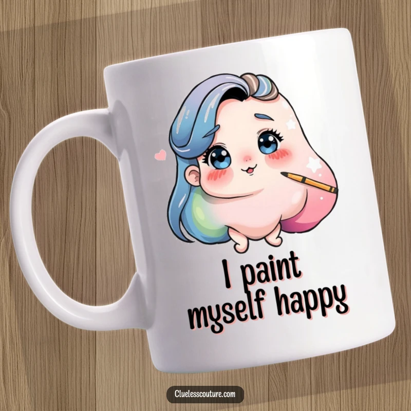 Funny mug depicting a playful blob of paint comically attempting to paint its own self-portrait, a meta art piece.