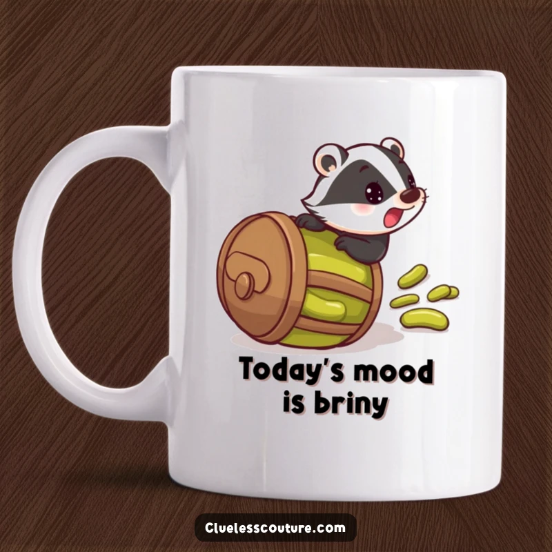 Funny mug showing a startled badger comically rolling down a hill inside a barrel overflowing with pickles.