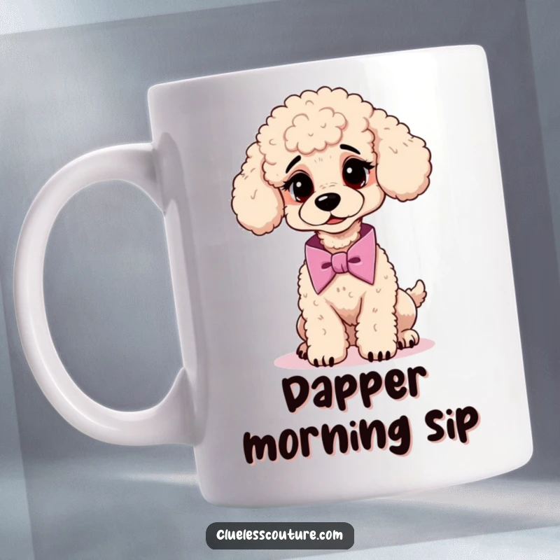 Funny mug showing a confused poodle attempting to tie a cravat, embodying dapper doggy disarray.